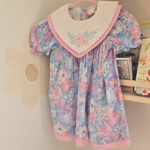 Vintage Floral Pastel Dress with Embroidered Collar Size 4T